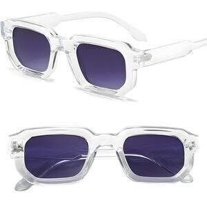 Clear Frame Rectangle Sunglasses Purple Lenses Chunky Retro Protection